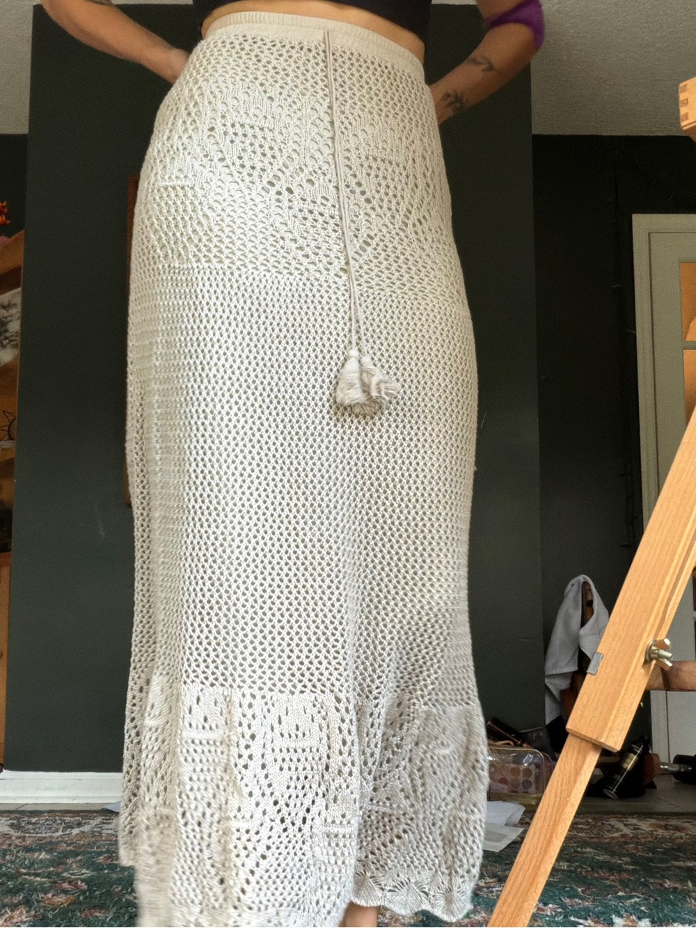lovestitch Cream Crochet Maxi Skirt with Tassel Tie